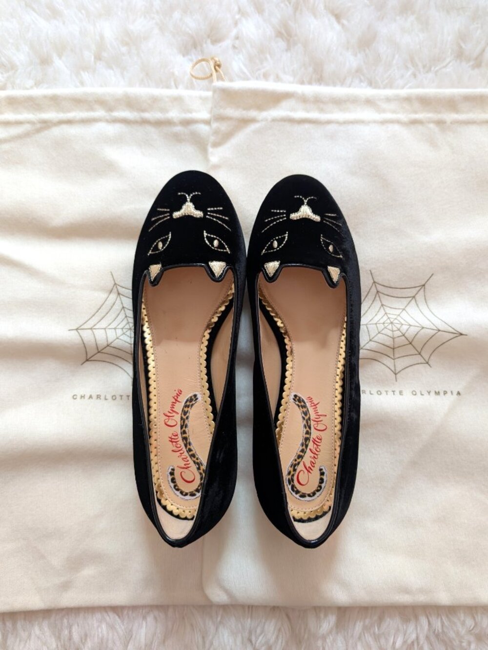 NWT Charlotte Olympia Black Velvet Kitty Flats with Metallic Heel (Size: 6)